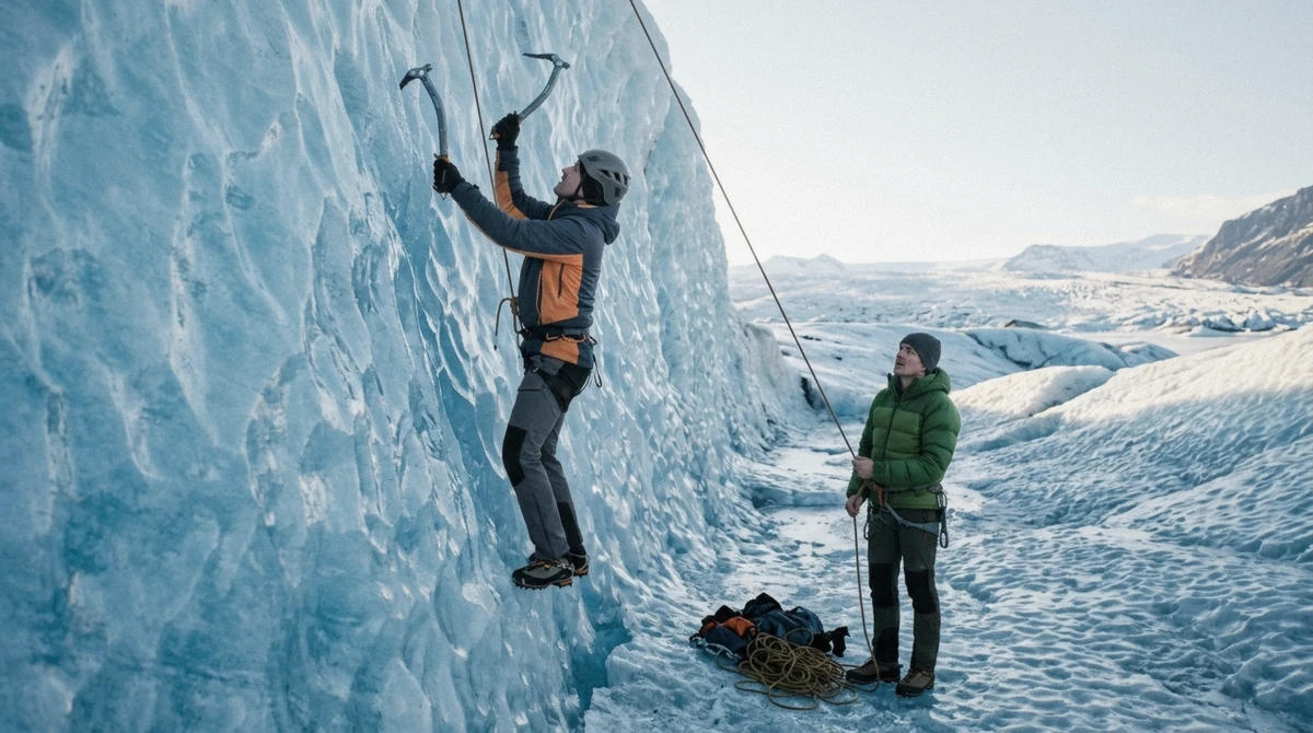 A climber on a vertical blue ice wall during the Falljökull ice climbing tour in Skaftafell National Park, Iceland