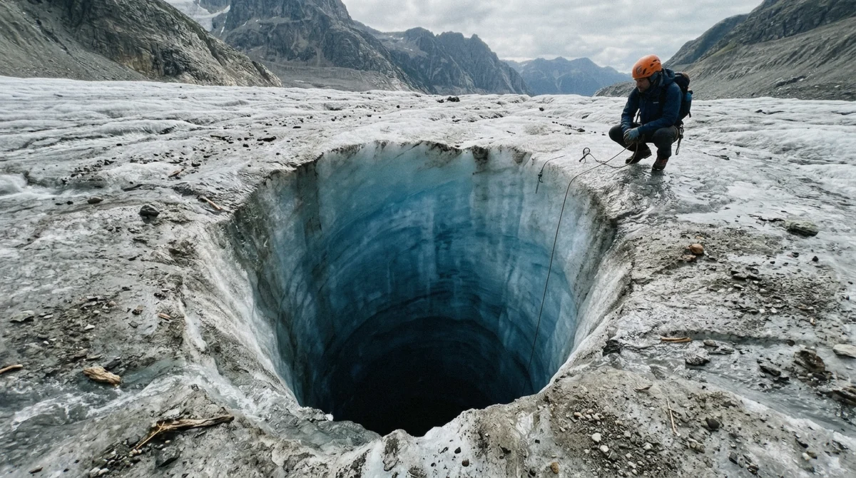 A moulin shaft melted into the surface of Falljökull, seen on the advanced glacier hike from Skaftafell, Iceland